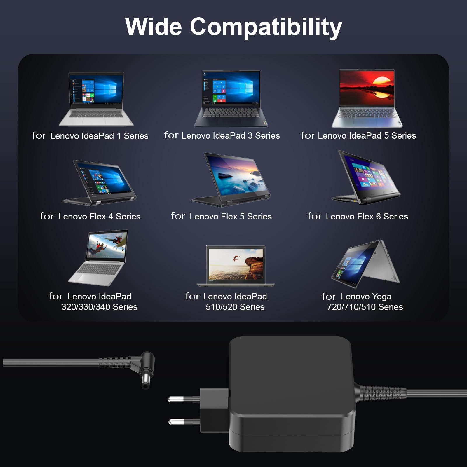 65W Caricatore per Lenovo PC Portatile, Alimentatore per Lenovo IdeaPad 3 con cavo da 1,7 m per IdeaPad 3/5/110/110S/120/320/330/330S/510/510S/520S/530, Lenovo V15, Chromebook N22, Yoga, Flex 14 15