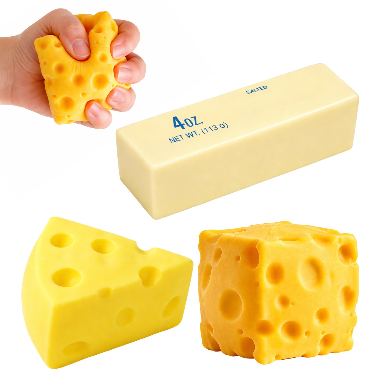 Zqisxze 3 Pcs Butter Squishy, Cheese Squishy, with Long Strip, Triangle, Square, Butter and Cheese Squishies, for Desk Decor, Office Desk and Daily Relaxation and Breaking the Ice in Social Settings