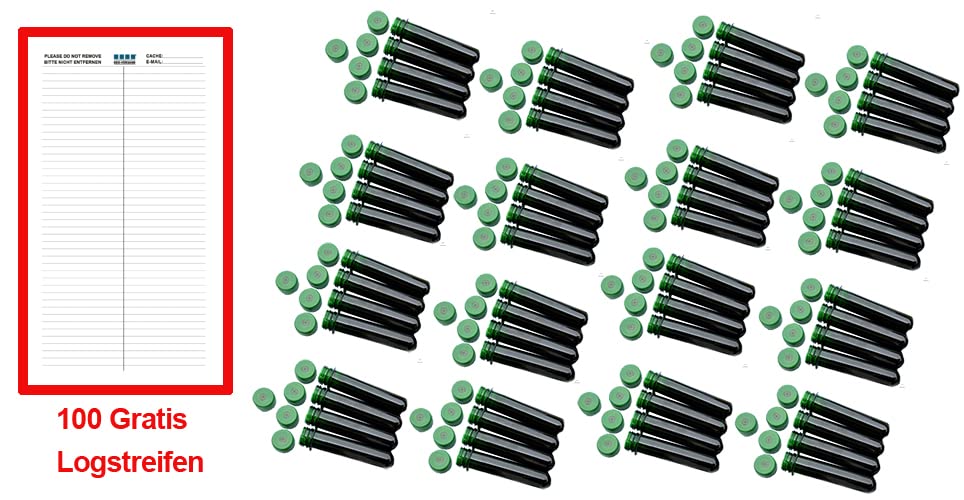 geo-versand 100 x grüne Petlinge 13 cm + Gratis 100 Logstreifen Bedruckte FTF Deckel Geocach