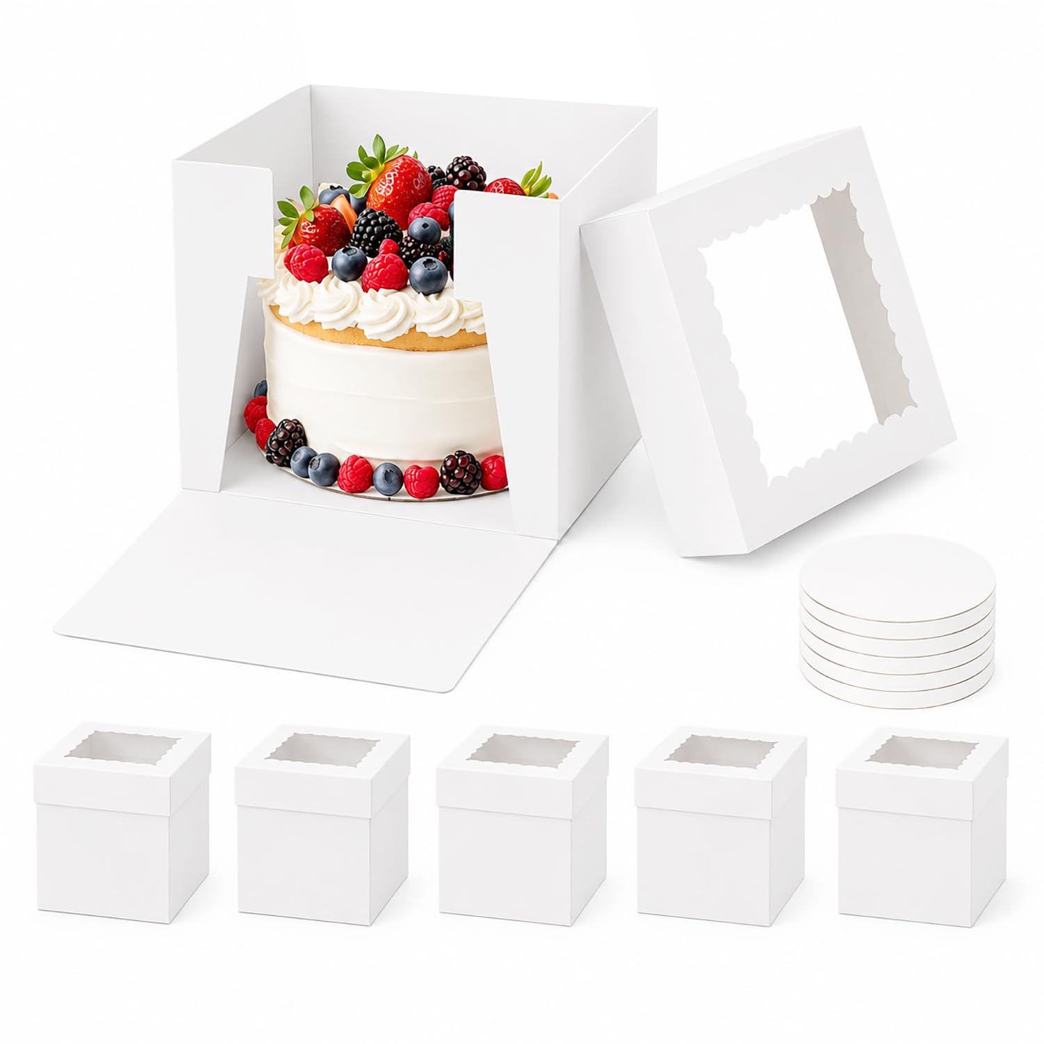RITOLLO 10 Inch Extra Deep Cake Boxes with Boards, 6 Pack White Window Bakery Boxes for Tall Cakes, Birthdays, Weddings, Transport & Bake Sales (25.4 x 25.4 x 25.4cm)