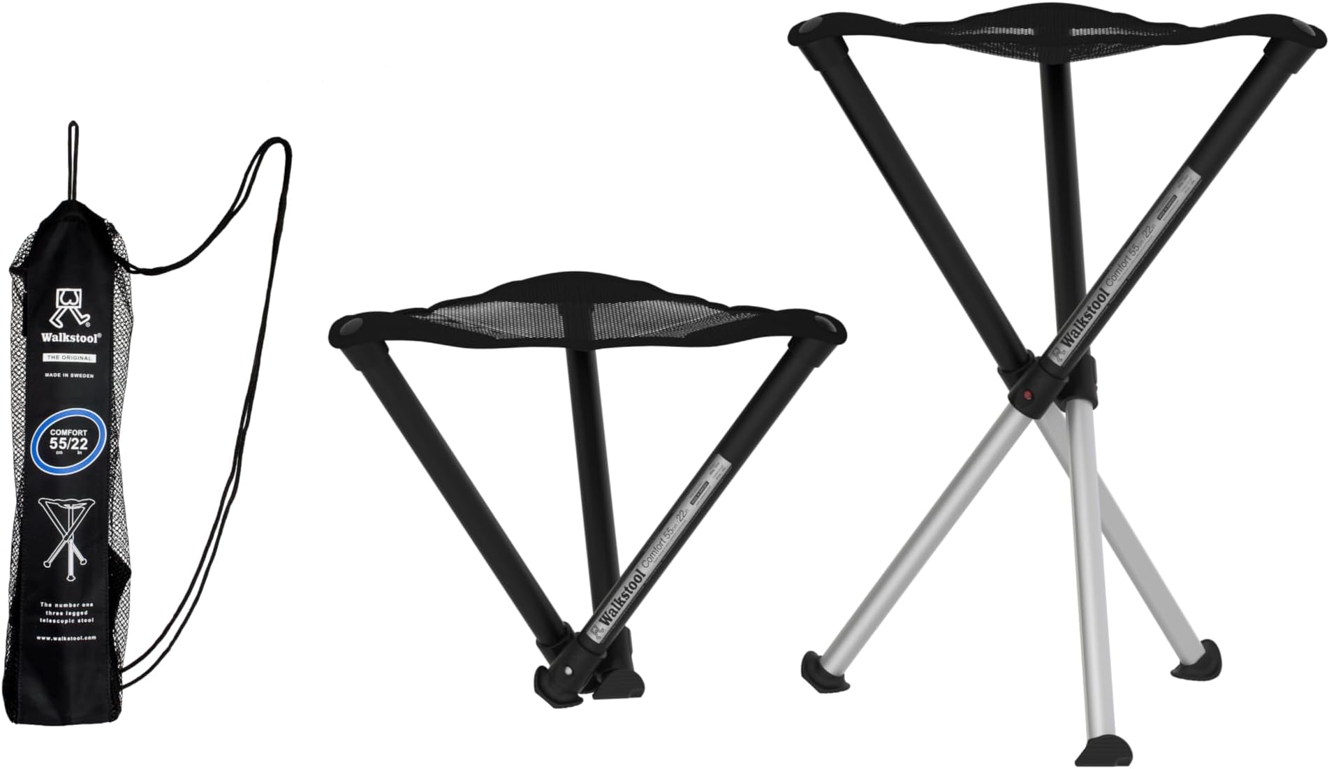 Comfort Model - Black and Silver - 3 Legged Folding Stool in Aluminium - Height 18" to 30" - Maximum Load 440 to 550 Lbs - Made in Sweden