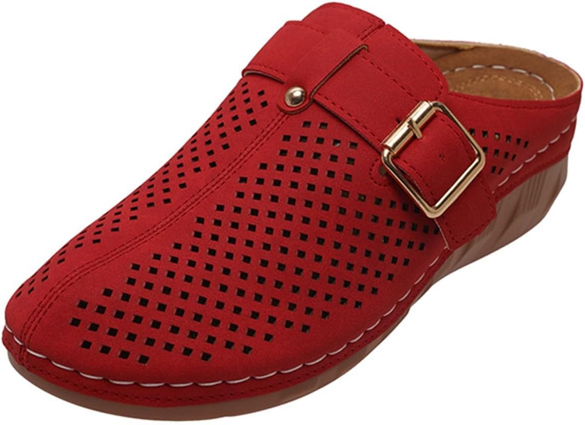Sandali Donna In Pelle Classici - Ciabatte Estive Con Supporto Plantare, Cinturino Regolabile Con Gancio, Rosso, 39 EU