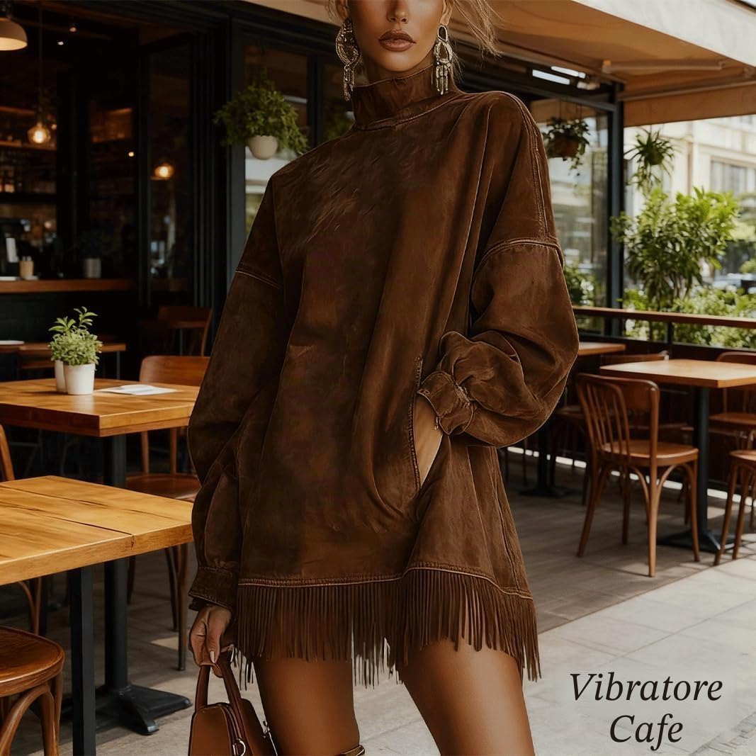 Mini Abito Vintage in Pelle Scamosciata Larga da Donna, Abiti a Maniche Lunghe con Scollo a Lupetto e Nappa, Abito da Cowgirl retrò, Cappotto Patchwork a Maniche Lunghe