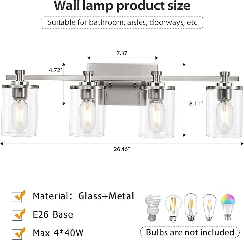 Miniatura 3 de Lámpara de tocador de baño de 4 luces, luces de tocador de níquel sobre el espejo, enchufe de acento de cobre de níquel cepillado, lámparas de baño