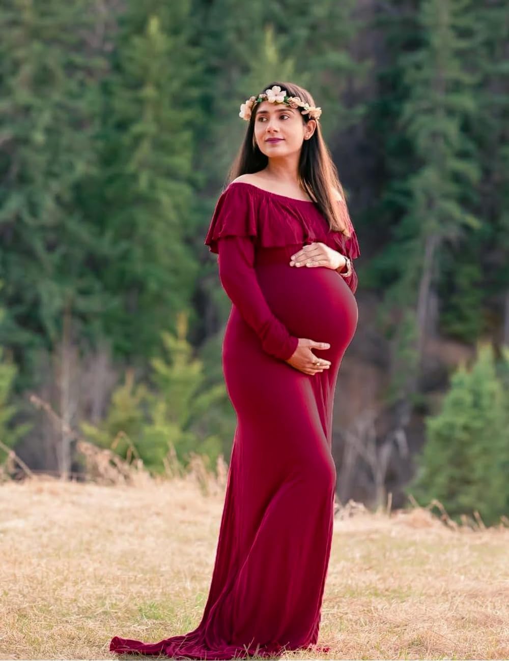 JustVH Maternity Fitted Elegant Gown Long Sleeve Off Shoulder Ruffles Maxi Photography Dress for Photoshoot