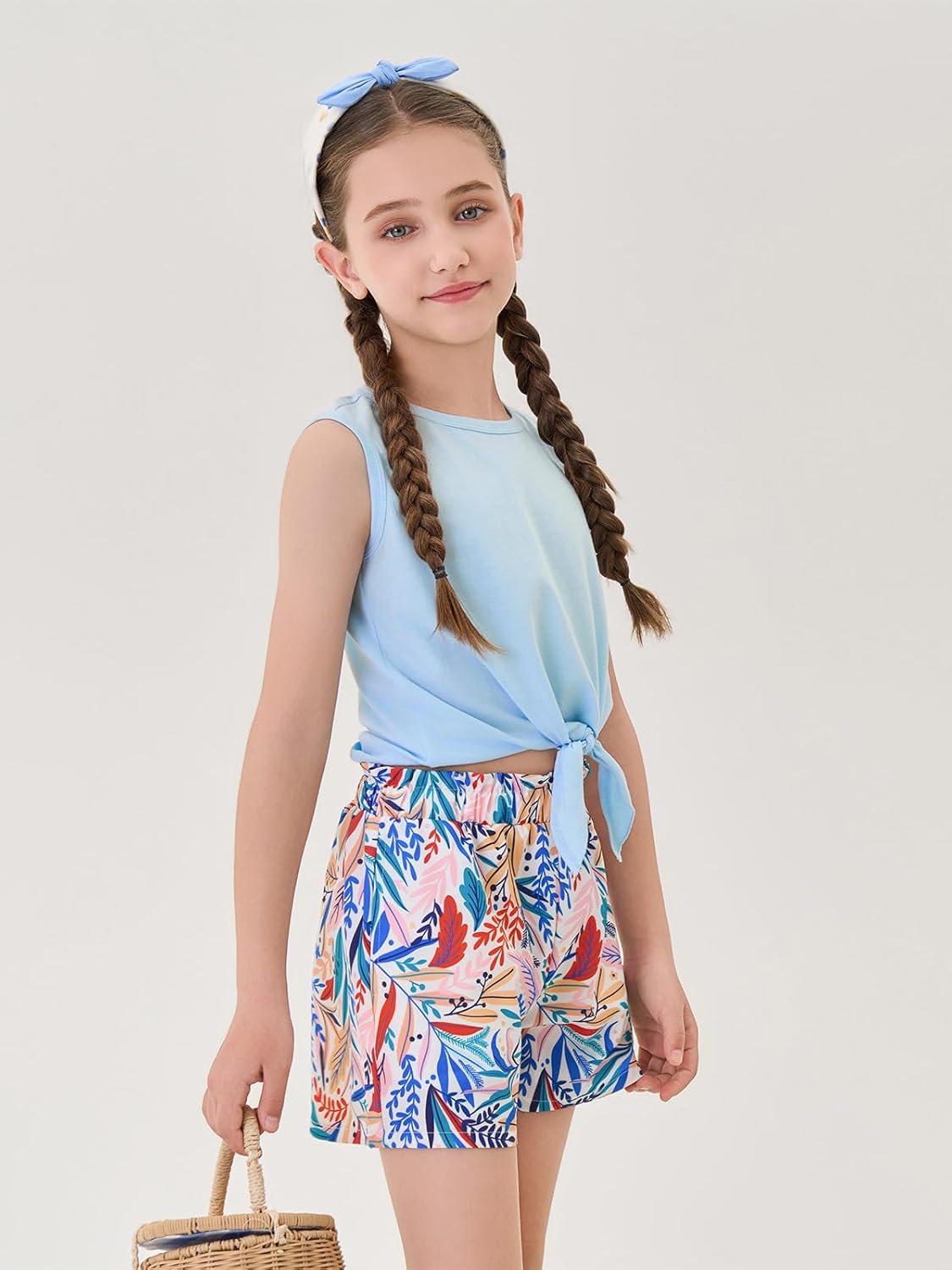 Haloumoning Girl's 2 Piece Outfits Kids Tie Knot Tank Top and Paperbag Waist Pocketed Summer Short Sets 5-14 Years - Image 4