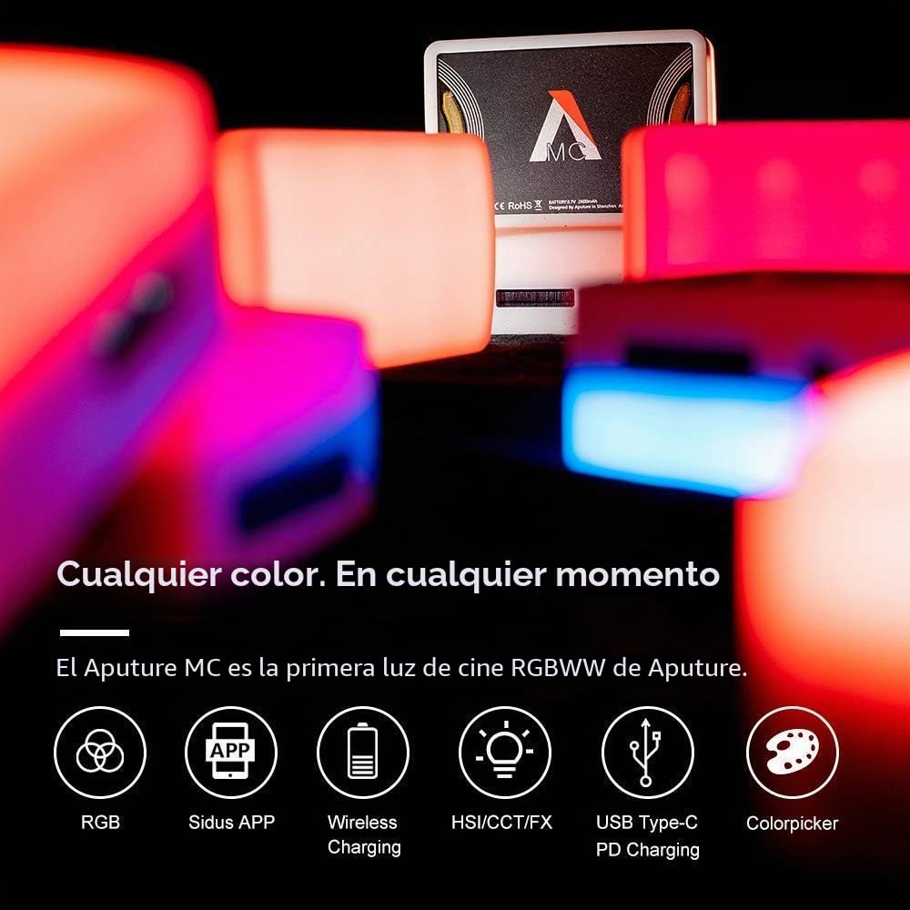 Aputure AL-MC RGBWW - Cámara de video de iluminación continua regulable 3200K-6500K LED CRI96+ TLCI97+ imanes integrados con aplicación Conrol carga inalámbrica