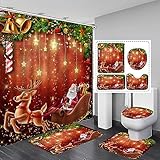 ALEXEX Juego de 4 cortinas de ducha de Navidad, juego de baño de Papá Noel con cortina de ducha y alfombras y accesorios, cortina de ducha roja de hoja de pino de Navidad, decoración de baño con 12