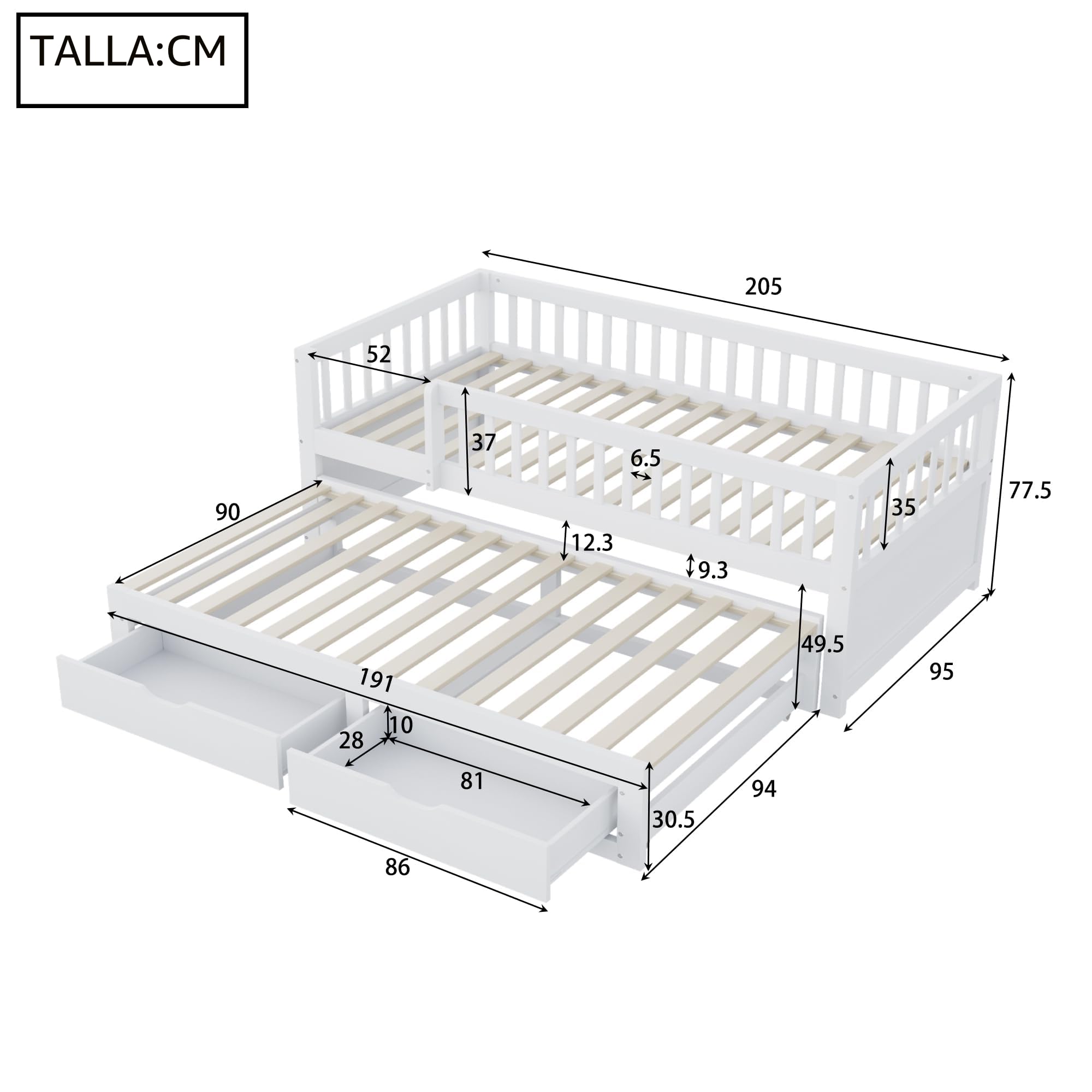 Kebnor Sofá cama de madera maciza, Rejilla de seguridad revestida, Cama extraíble con 2 cajones, Somier de láminas, Cuna para niños, Cama para invitados (blanco, 90 x