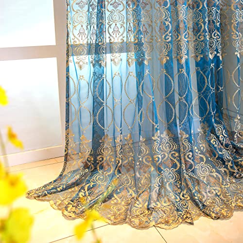Elkca Peacock Blue Sheer Curtains With Circle Embroidered For Living Room Luxury Tulle Curtains For Bedroom,52Inch By 96Inch,Grommet Top,2 Panels #TOP4