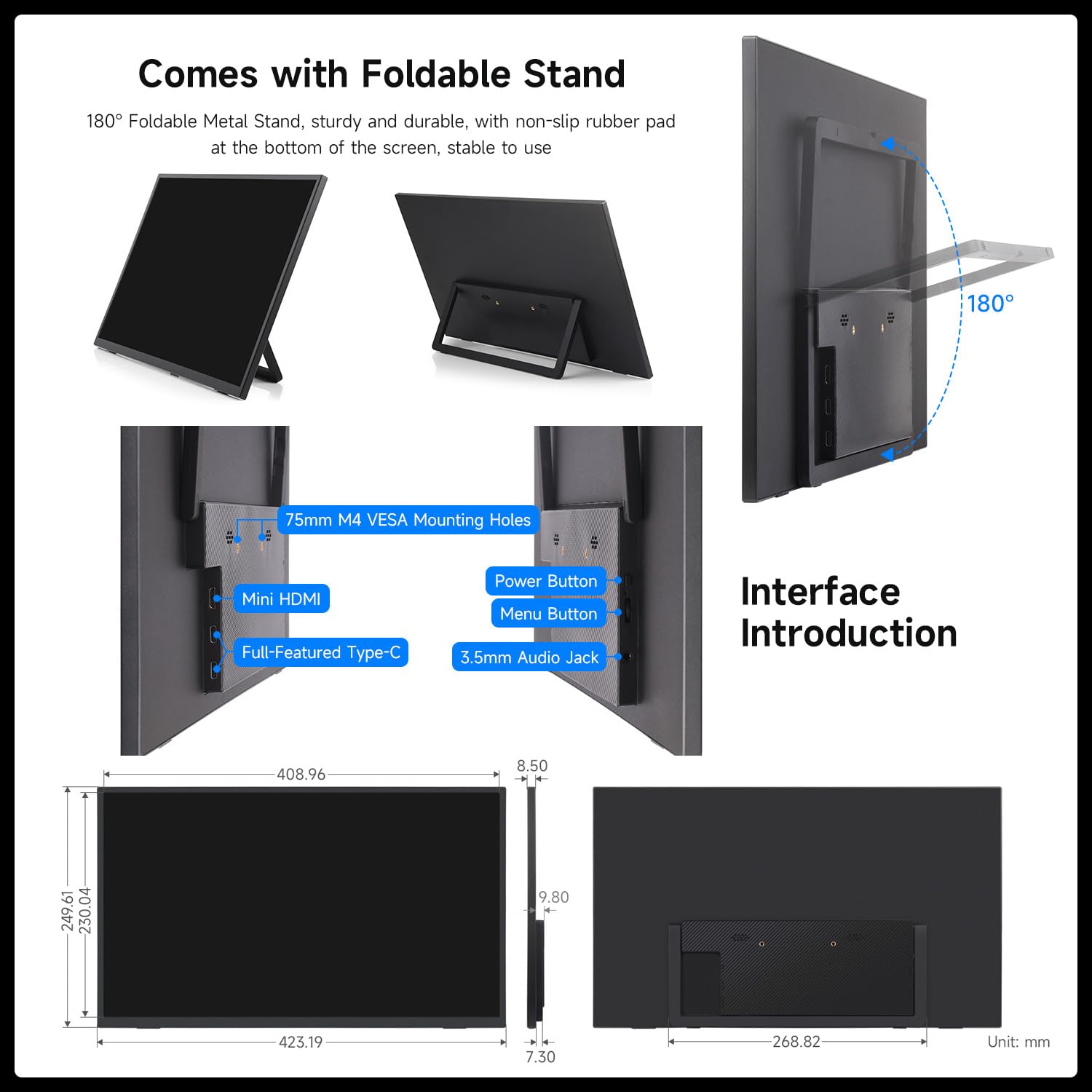 LUCKFOX 18.5" Portable Monitor with Stand - Plug and Play Ultra Thin/Light USB-C HDMI Second Monitor 1080P FHD 178° Viewing 120Hz Dual-Track HiFi Speaker for Raspberry Pi/Jetson/PC/Game Console/Phone