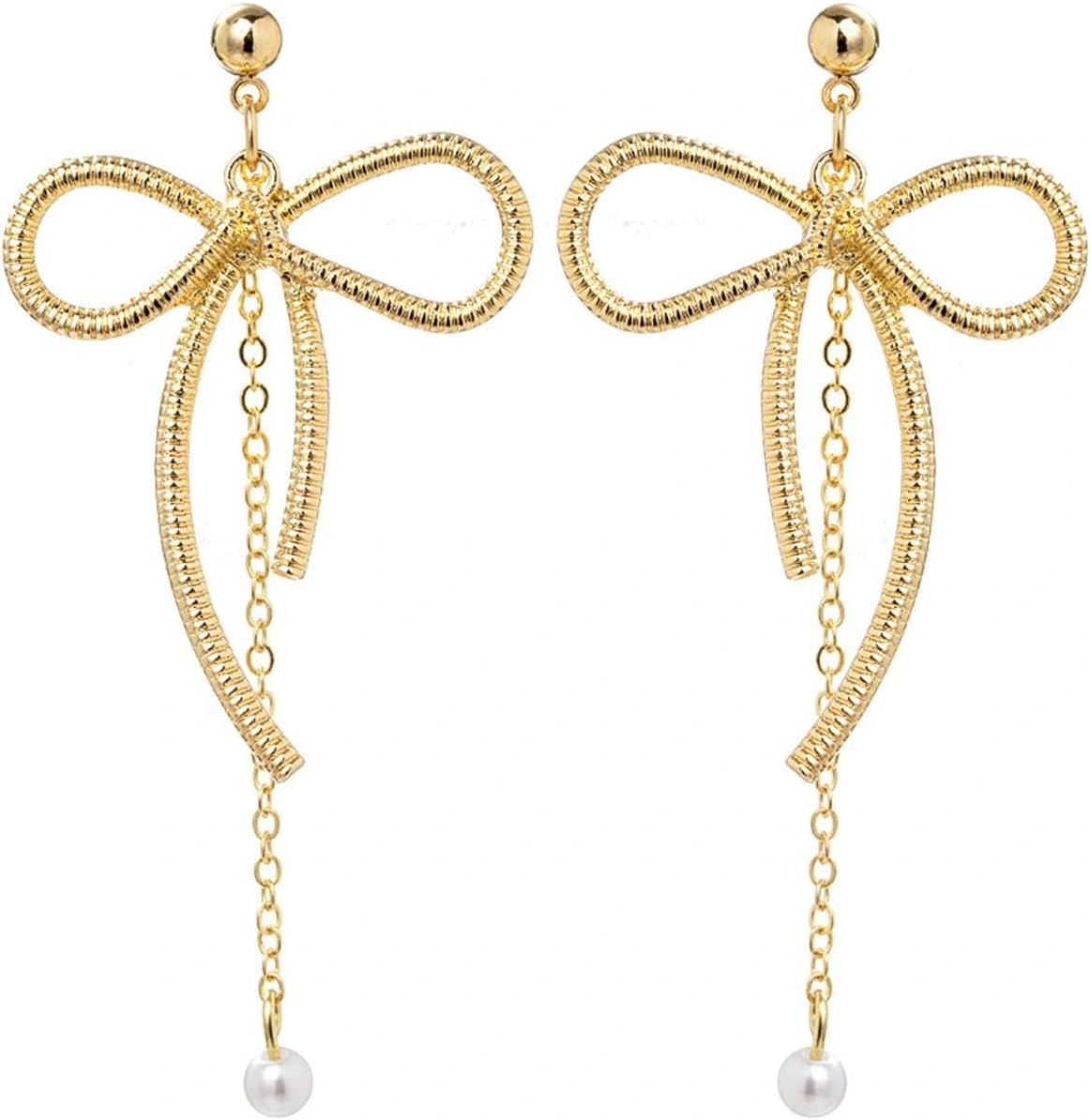 Vintage Gold Bow Pearls Drop Dangle Earrings for Women,Dainty Aesthetic Geometric Bowknot Pearl Statement Earring,Unique Jewelry Accessories Gifts - Image 7