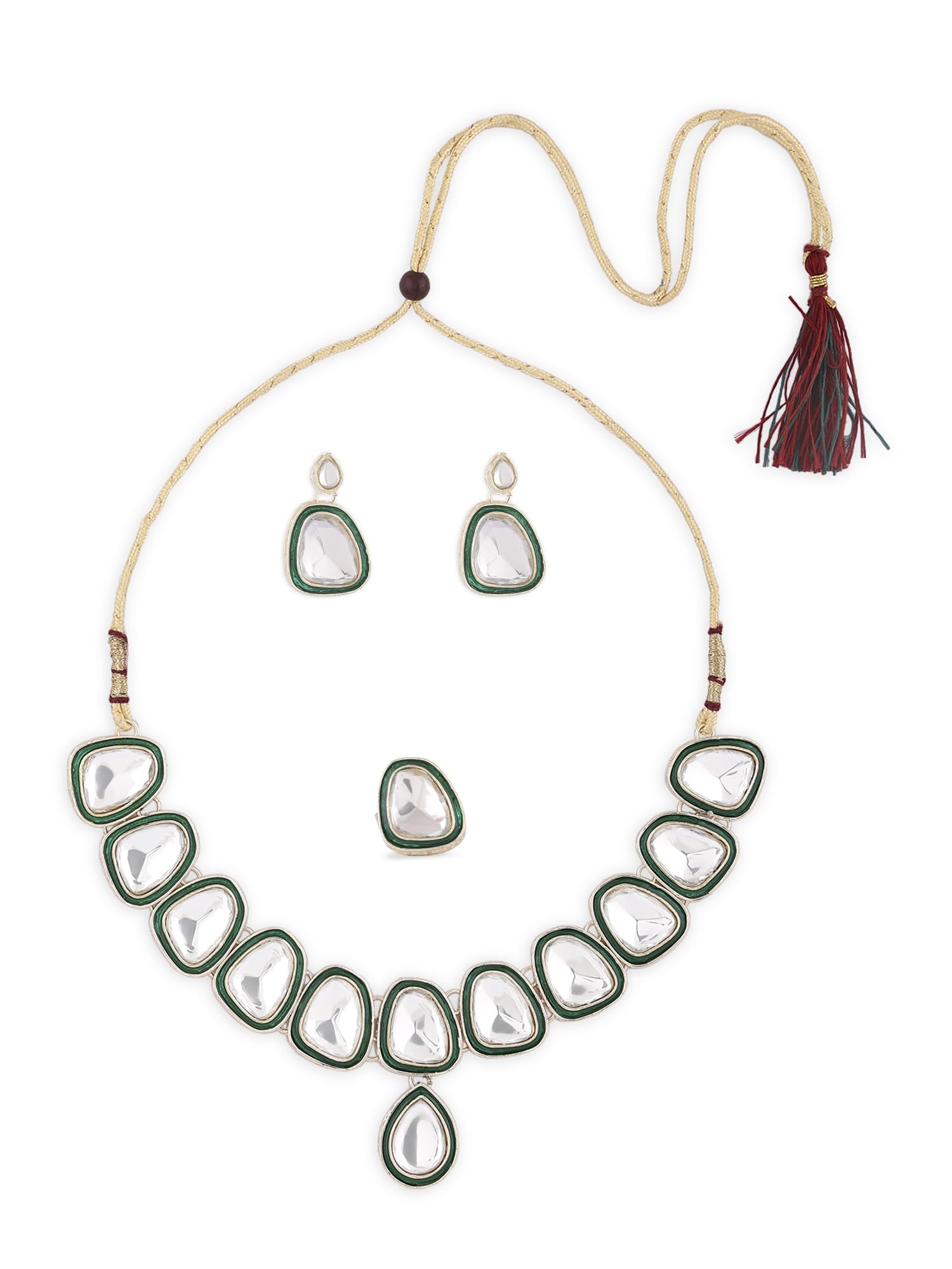 ZAVERI PEARLS Green Enamel & Artificial Stones Embellished Choker Necklace Earring & Ring Set For Women-ZPFK16581 (B0CKL9NFVD) Amazon Price History, Amazon Price Tracker