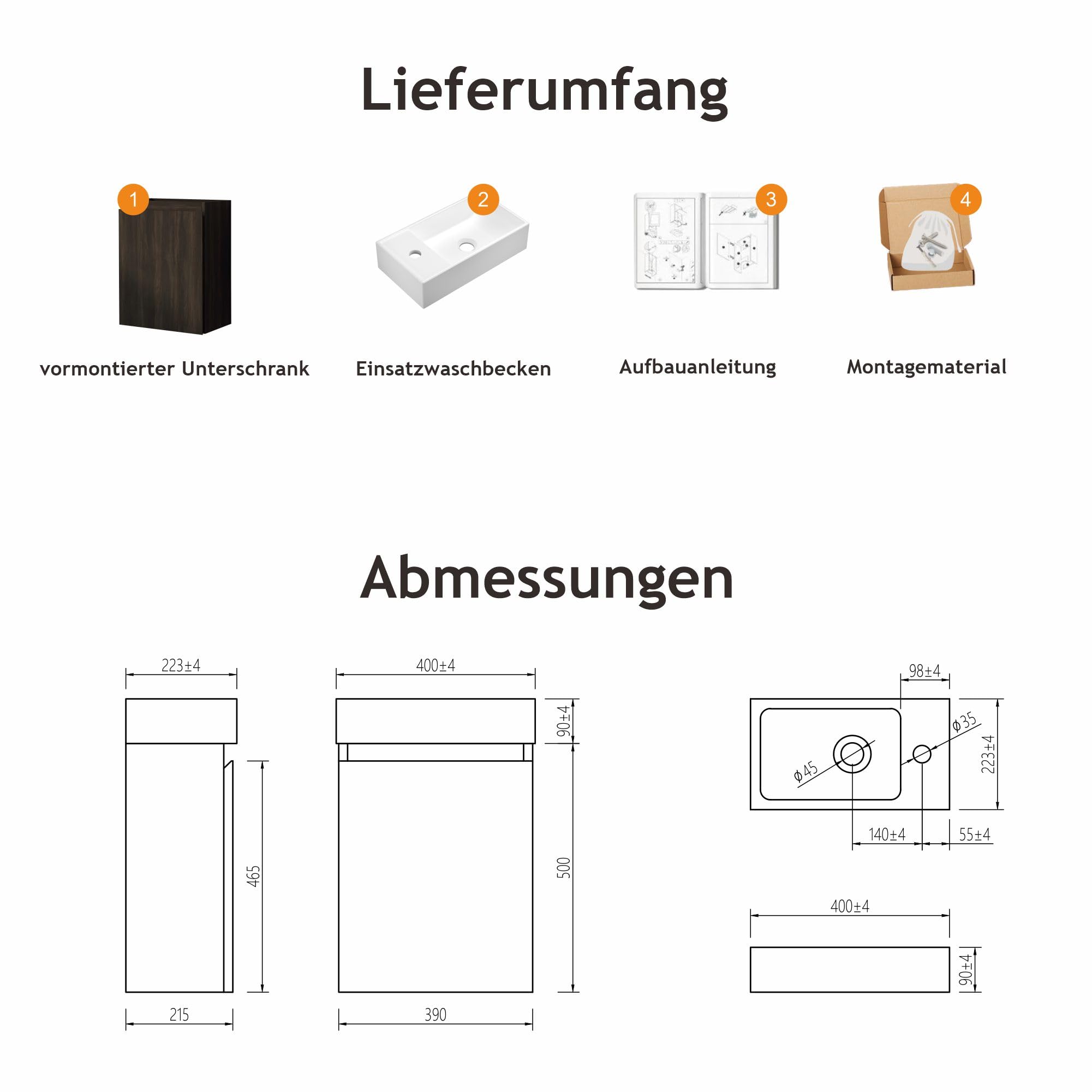 Waschtisch mit Unterschrank 40 cm- Badmöbel Set mit Waschbecken, Vormontiert Waschbeckenunterschrank Klein für Bäder, Gäste WC(Schwarz)