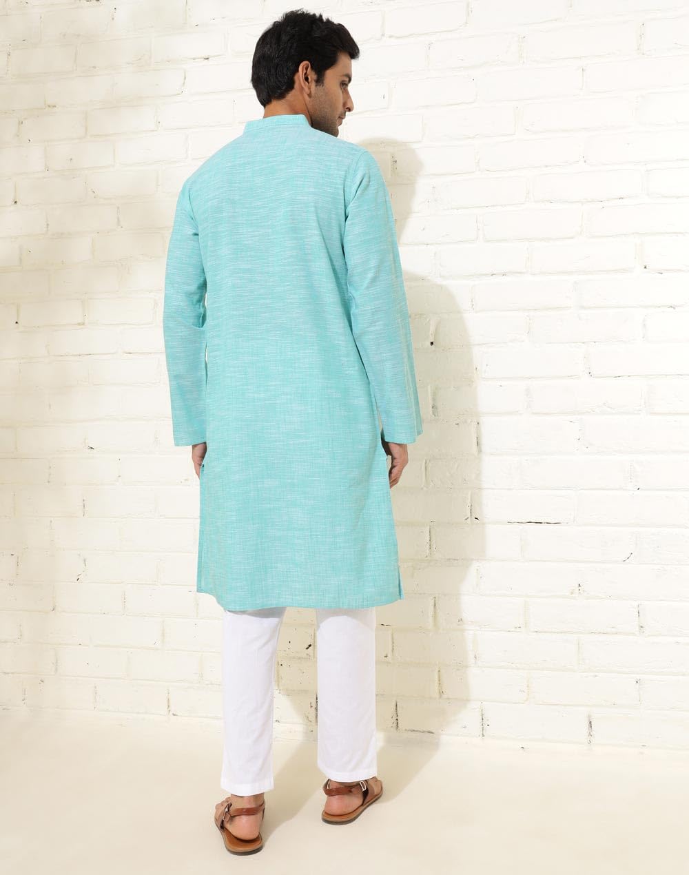 Fabindia Men's Cotton Woven Slim Long Kurta (1038412Teal_Teal