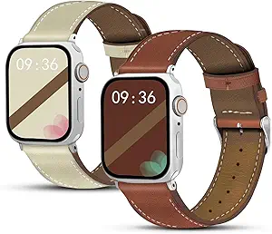 2 Pack Genuine Leather Bands (Brown and Beige) Compatible with Apple Watch Band for Women Men 42mm 41mm 40mm 38mm, for iWatch Series 10 9 8 7 6 SE 5 4 3 2 1