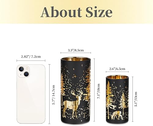 Miniatura 7 de Hewory Portavelas de huracán de Navidad juego de 2 decoración navideña de reno negro, portavelas de vidrio para centro de mesa, mantel de ventana,