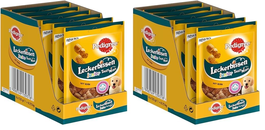 Pedigree Leckerbissen Junior – Kleine Hundesnacks für Welpen mit Huhn – Ideal für das Training oder für zwischendurch – Hunde Treats im Vorratspack (6 x 125g) (Packung mit 2)