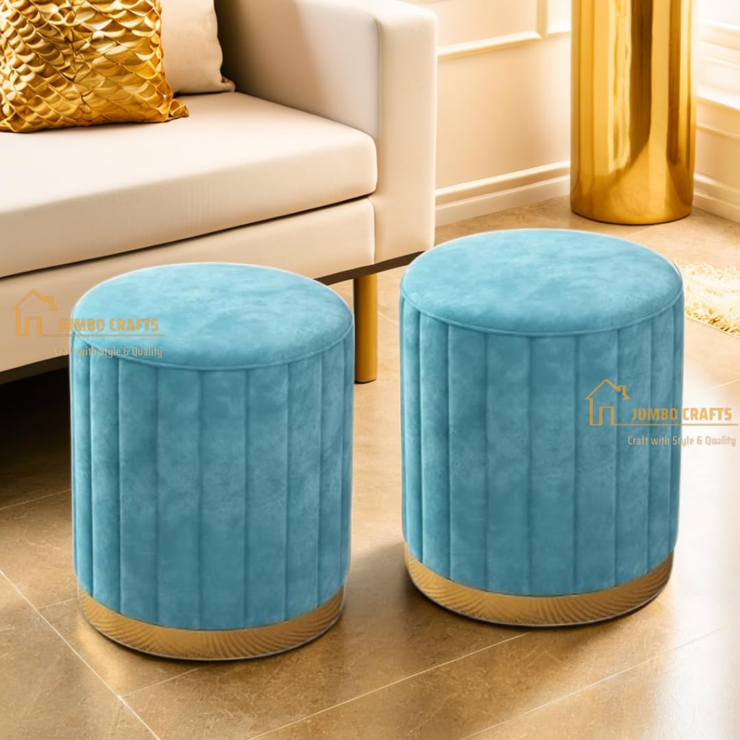 JUMBO CRAFTS Puffy Stool for Living Room | Round Wooden Sitting Stool | Pouffes Set of 2 - Sky