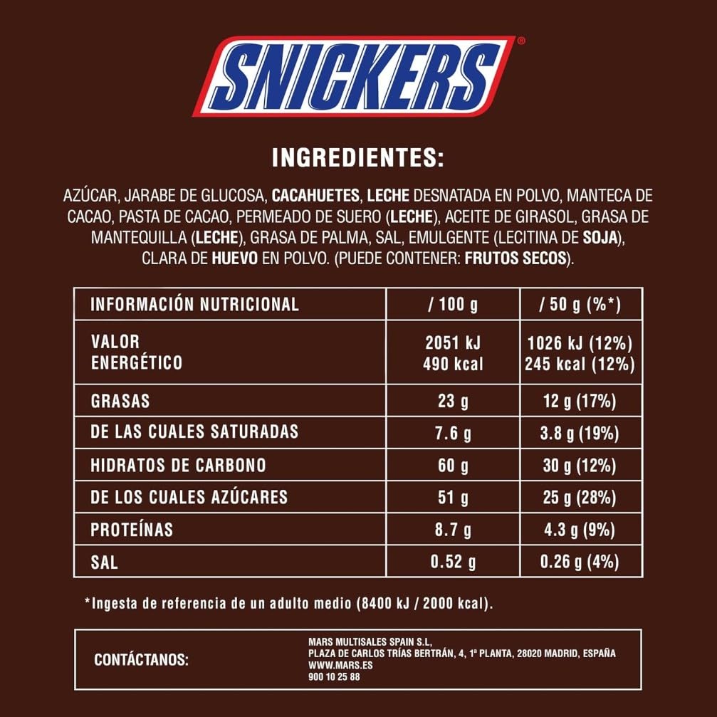 Snickers Barretta con Caramello e Arachidi Tostate Ricoperta al Cioccolato, 24 Barrette X50G (1200G), Idee Regalo Natale, Nuova versione