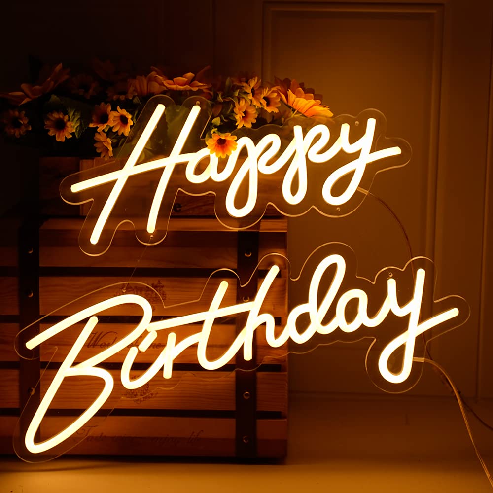 Letrero de neón de Feliz Cumpleaños de 3 pies, 2 luces LED regulables colgantes para fiestas para decoración de fondo de fiesta de cumpleaños (cálido, 20 pulgadas Feliz Cumpleaños)