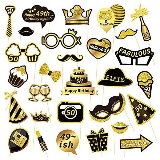 AIBAOBAO 29 Pcs Photobooth Accesorios, 50 cumpleaños Fiesta de Cumpleaños Apoyos de Photo Booth, Despedida de Soltera, Fotocall Comunion Atrezzo de Fotos Divertidos y Boda DIY Decoraciones (Oro negro)
