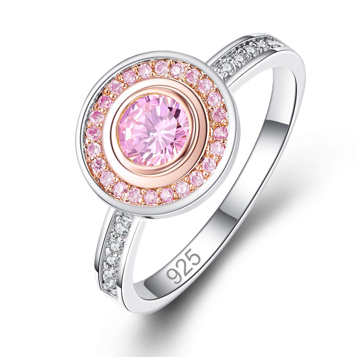 Emsione 925 Sterling Silver Plated Created Pink Topaz Round CZ Cut Halo Planet with Round Side Stones Eternity Ring Anniversary Wedding Engagement Band Ring Size 7 Color Pink