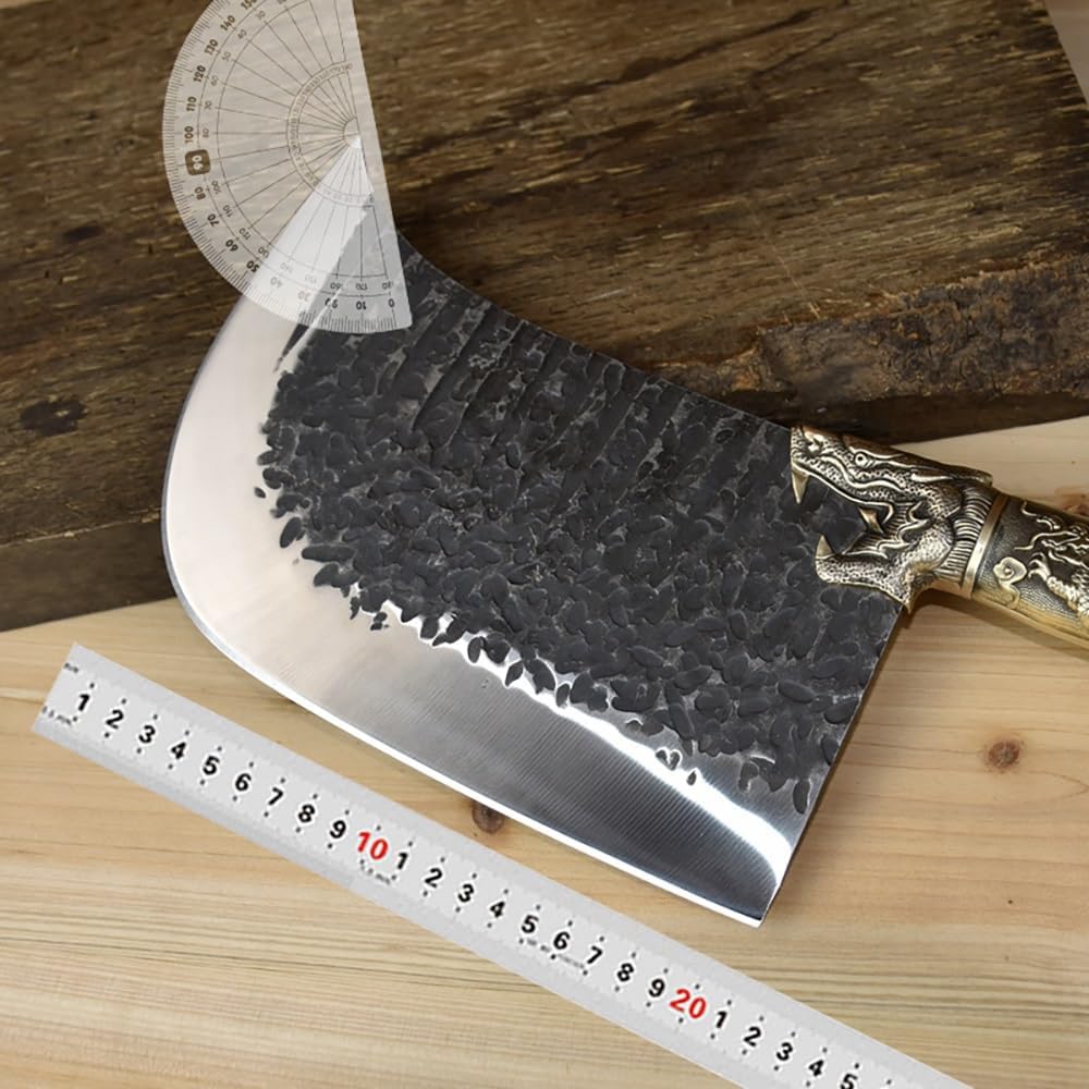 Meat Cleaver,Cleaver Knife, 8.3 Inch Hatchet Machete Hand Forged Big Bone Chopper 7Cr17MoV Steel Butcher Kitchen Knives Copper Dragon Decor