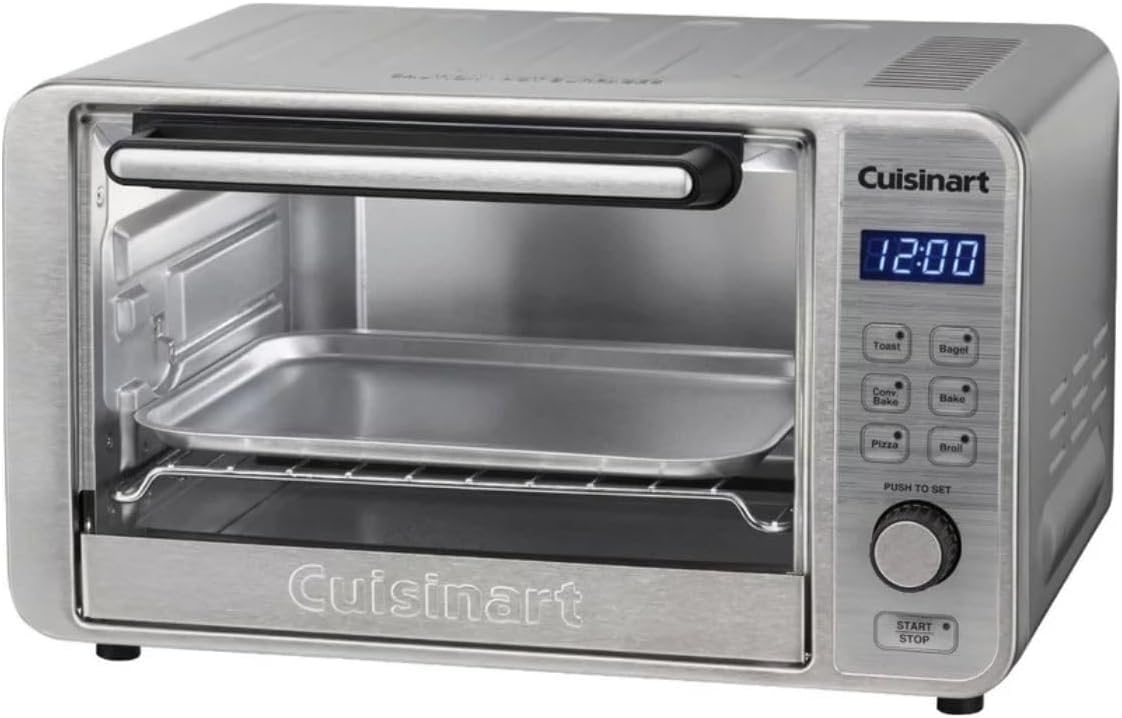 Interior view of the Cuisinart TOB-1300FR Convection Toaster Oven with the door open, showing the oven rack and baking pan.