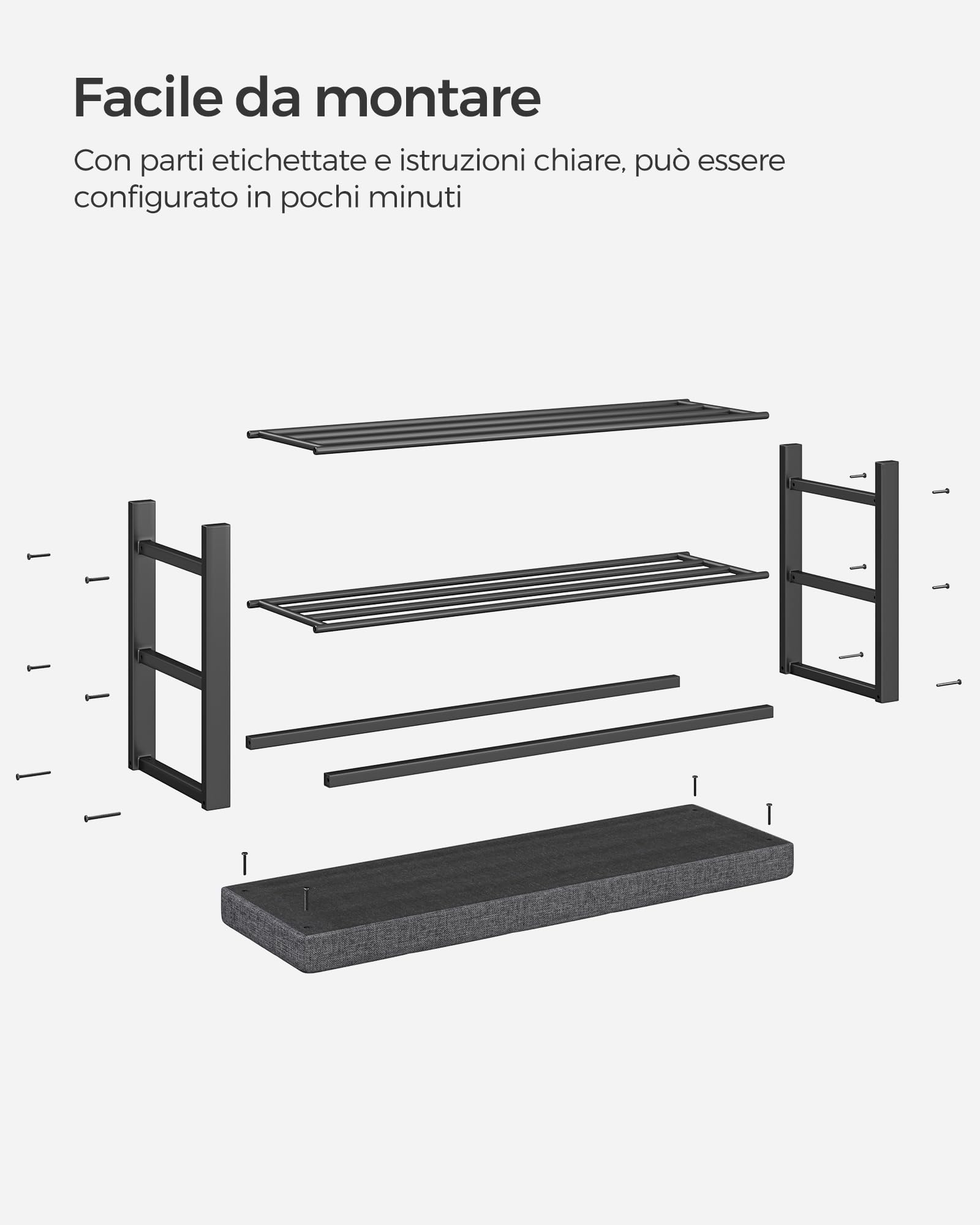 SONGMICS Panca Scarpiera, Scaffale Porta Scarpe a 3 Ripiani, Portaoggetti, Sedile Imbottito, Lino, Struttura in Metallo, Entrata Soggiorno Corridoio, 31 x 100 x 49 cm, Grigio Scuro e Nero LBS579B01