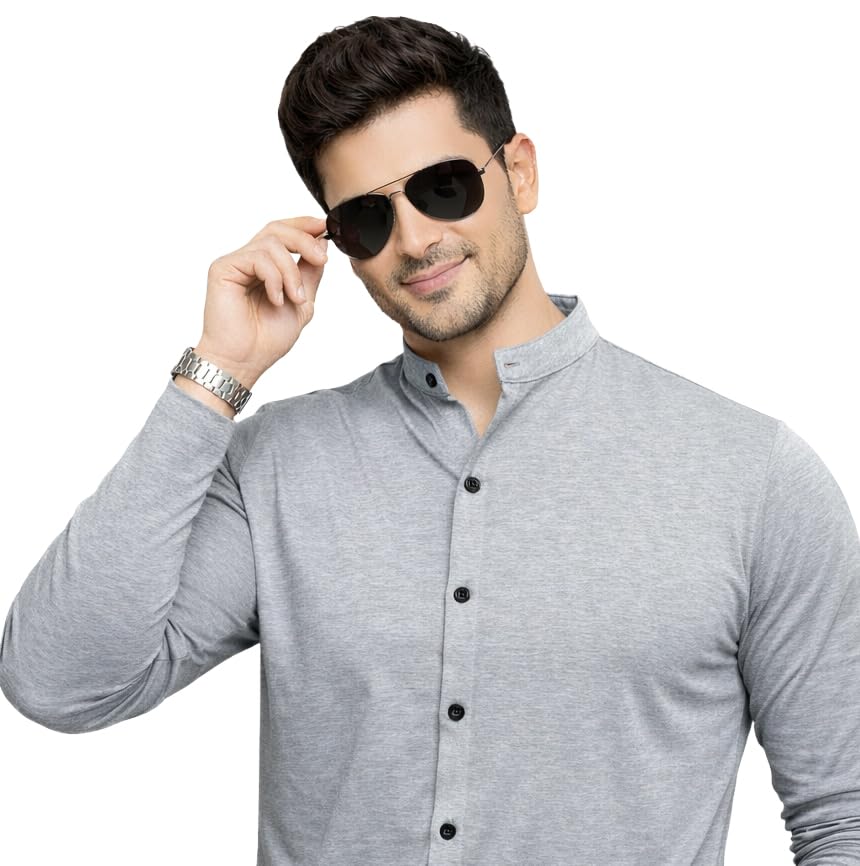 Image of Blisstone Men's Band Collar Shirt - Full Sleeve Slim Fit Casual Cotton Blend Mandarin Collar Button Down Shirt