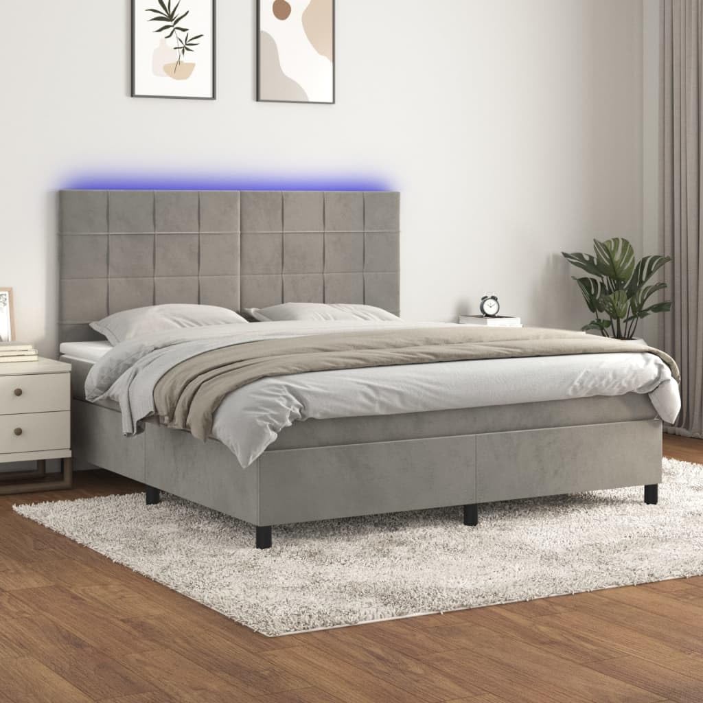 Aksamitne łóżko kontynentalne z LED regulowanym zagłówkiem Szary 160x200 cm | Łóżko kontynentalne z materacem i LED 160x200 cm aksamit szare z zagłówkiem regulowanym do sypialni