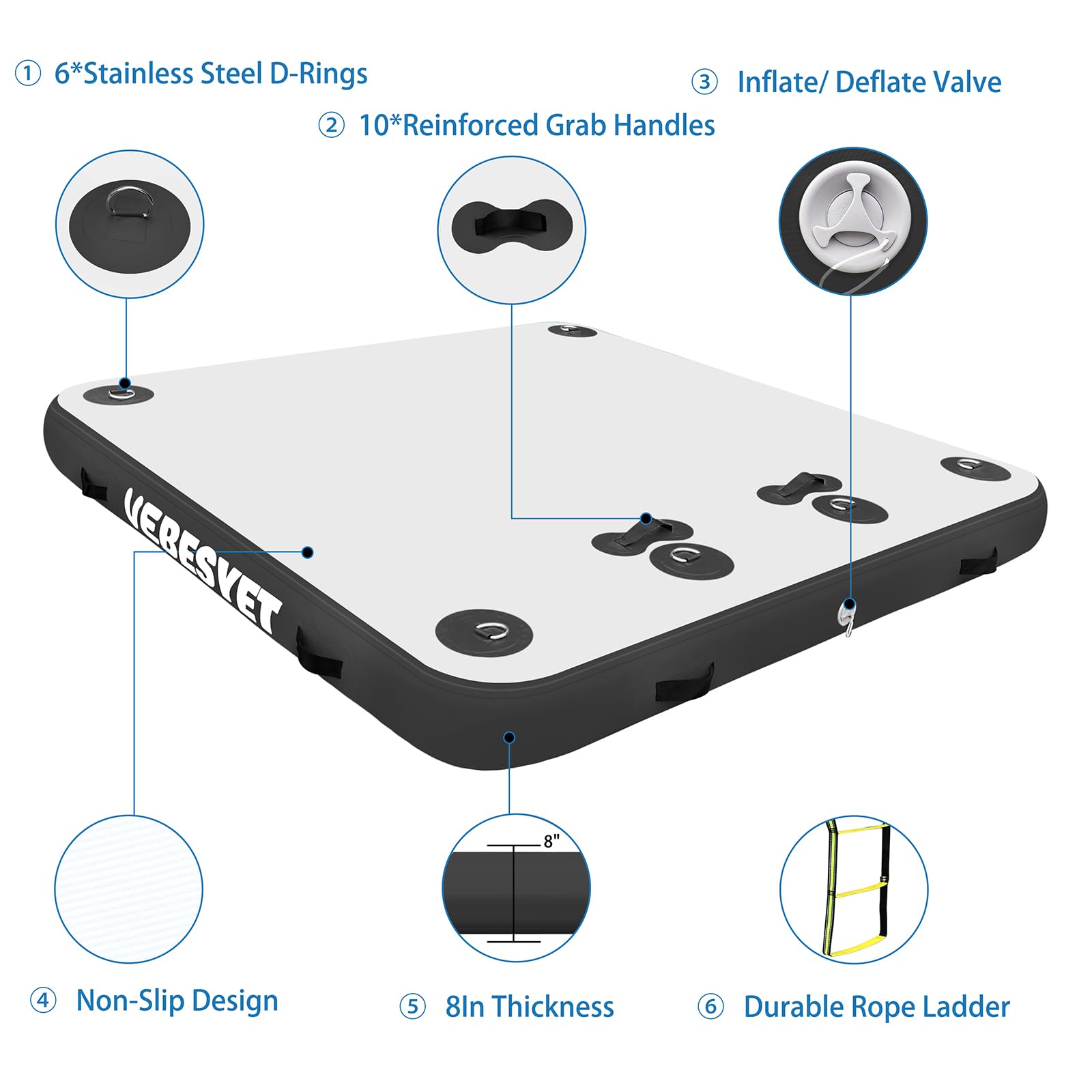 VEBESYET Inflatable Floating Dock Platform, 6ft x 5ft x 6