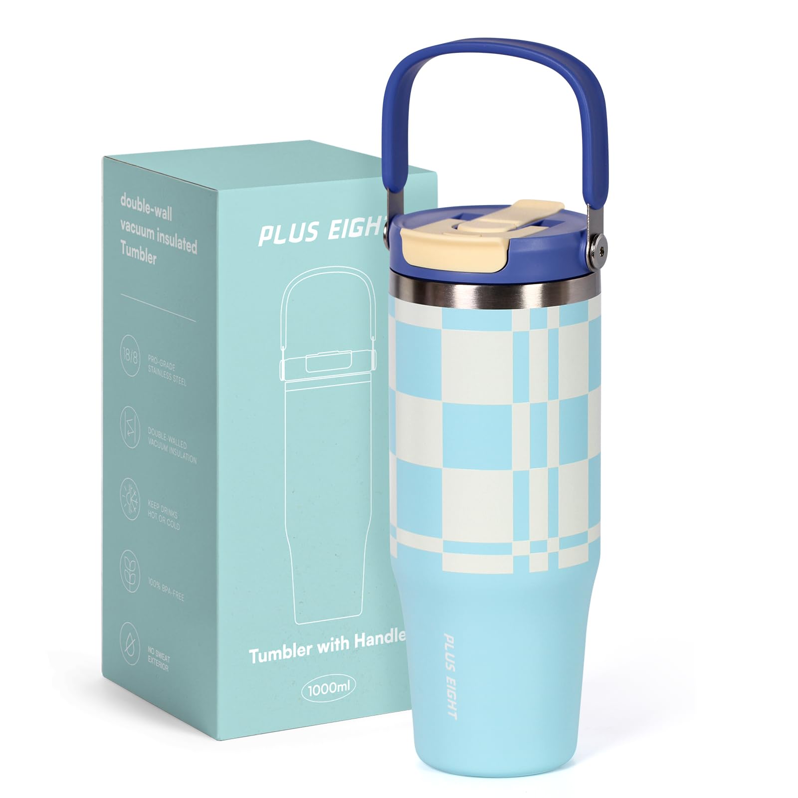 pluseight Stainless Steel Tumbler with Straw, 1000ml/32oz Travel Mug with Handle,Leakproof Reusable Travel Mug, Keeps Cold for 24H or Hot 12H, Fit in Car Cup Holder (Blue Grid)