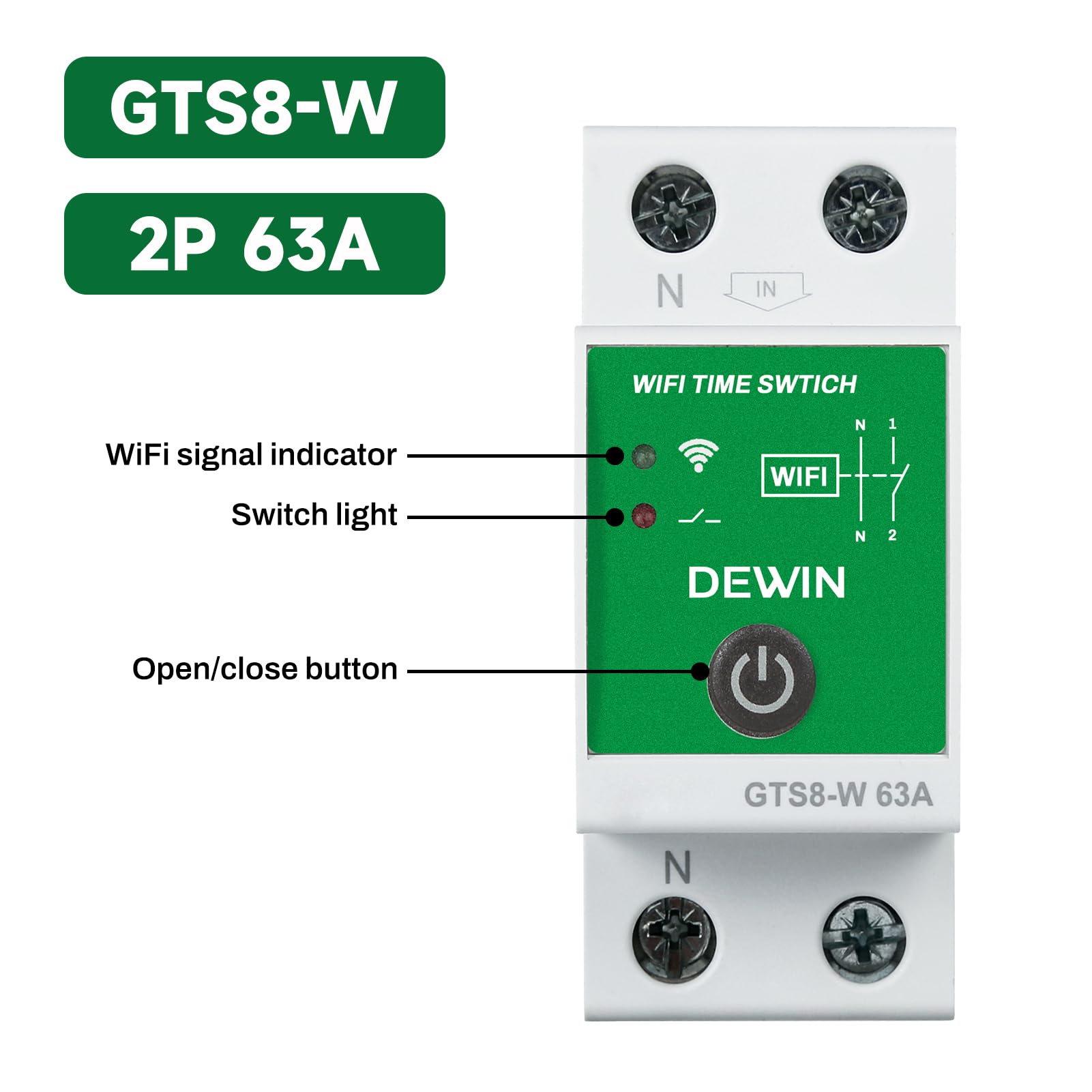 DEWIN WiFi Temporizador Inteligente, 2P CA 230V 63A Rele WiFi Interruptor Inteligente Tuya App Control Temporizador con Programación Instalación en Carril DIN GTS8-W