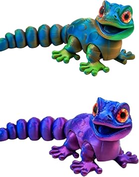 Gecko Wall Climbing Lizard Decor, 3D Printed Animals Set of 2, Flexible Articulated Stress Relief Desk Decor, Vibrant Yellow-Blue-Green and Purple-Blue Colours