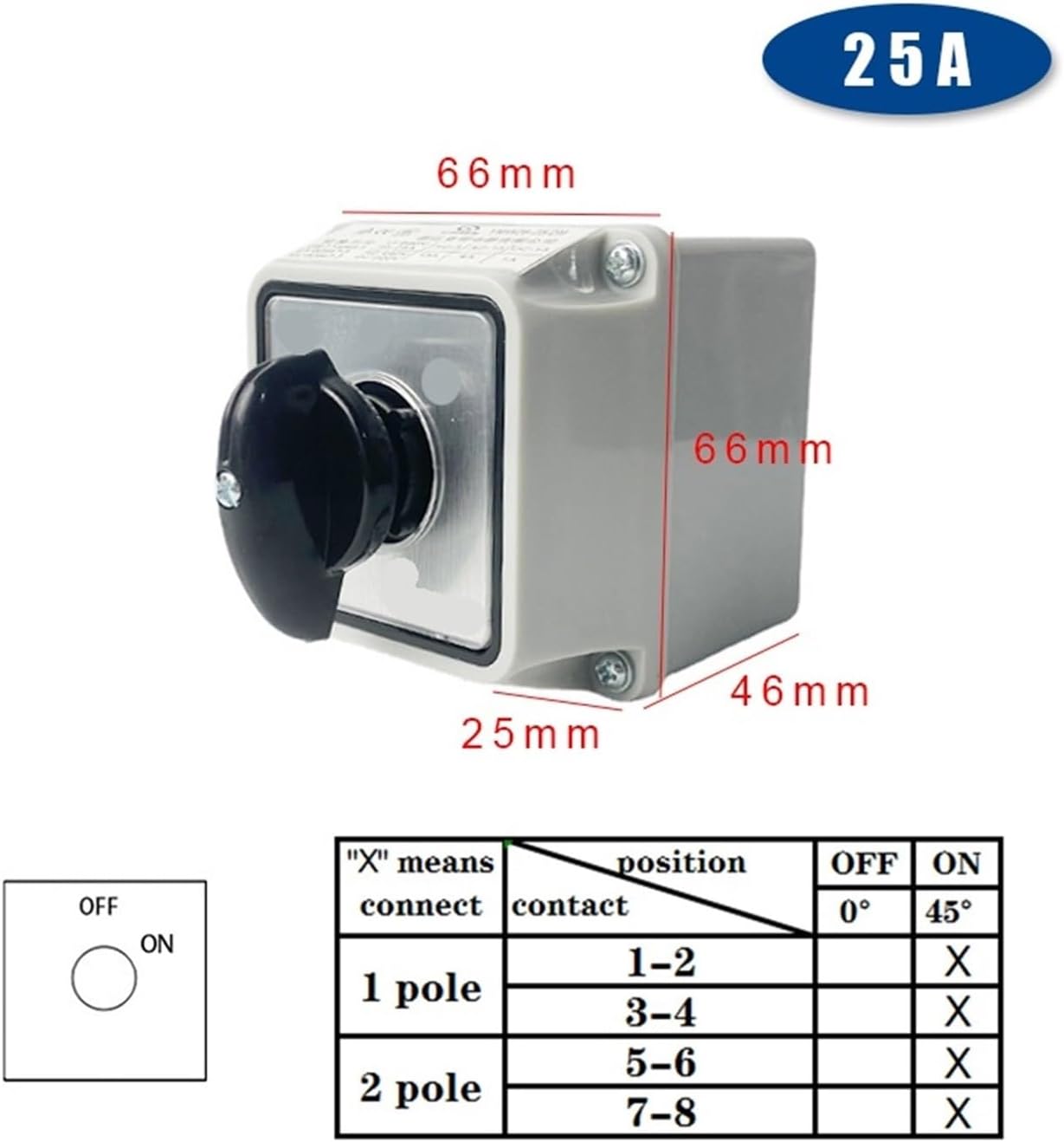 LW26-25/2M Changeover Cam 3 Position Rotary Switch 25A 2 Poles with Waterproof Enclosure Box Electric Motor Reversing(Switch Box Off-ON)