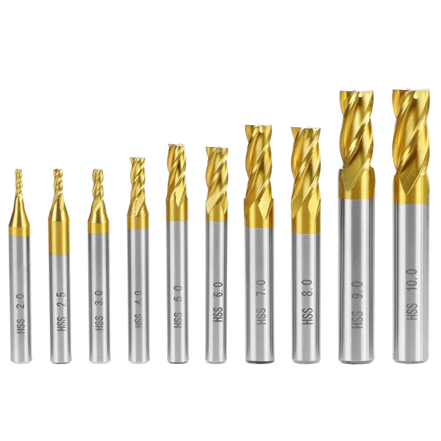 QWORK® Coffret de fraises, 10 pièces, acier rapide revêtu de titane, 2-10 mm – 4 dents, fraises à bout rond pour usinage CNC, métaux, aluminium et bois