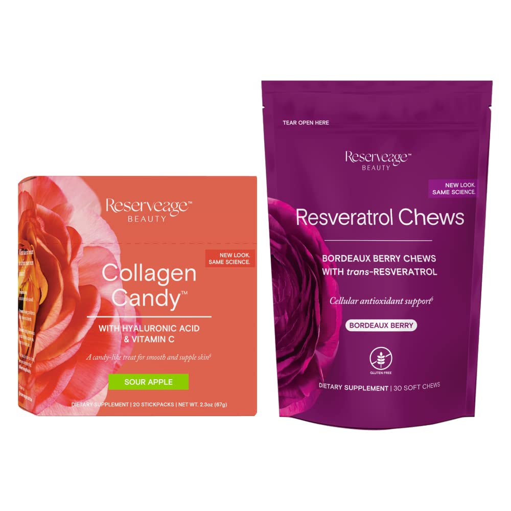 Reserveage Collagen Candy & Resveratrol Chews - Collagen & Resveratrol Supplements with Hyaluronic Acid & Vitamin C - Supports Skin & Cells - 20 Collagen Stickpacks, 30 Resveratrol Chews