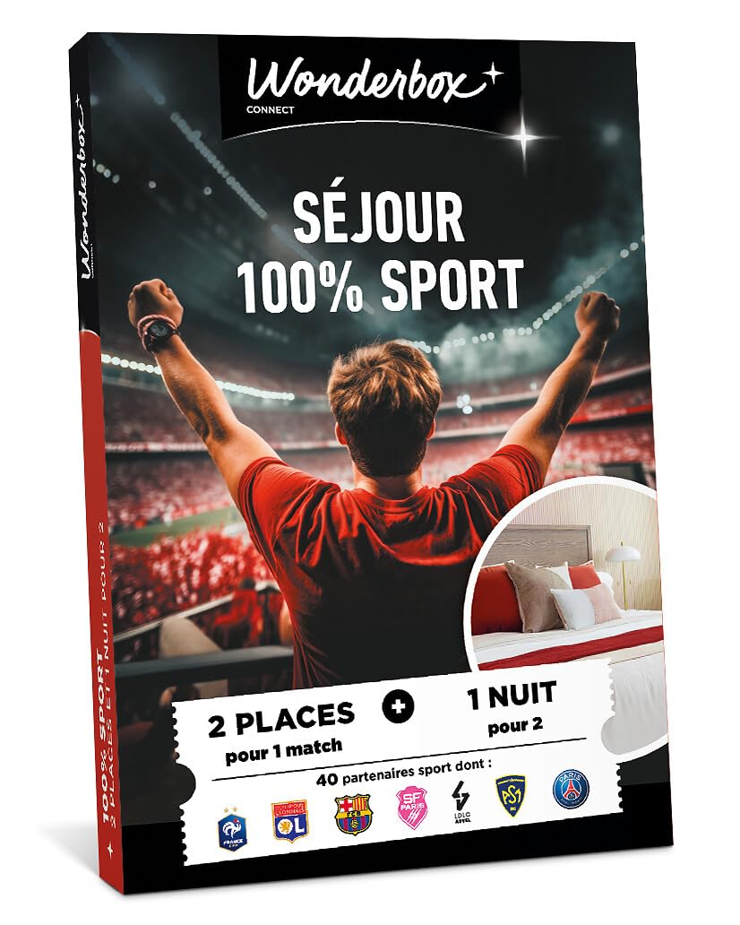 Wonderbox Connect - Coffret Cadeau - Séjour 100% Sport - 2 Places pour 1 Match de Football, Rugby, Handball, Basketball au Choix - 1 Nuit d'hôtel pour 2 - Validité 27 Mois