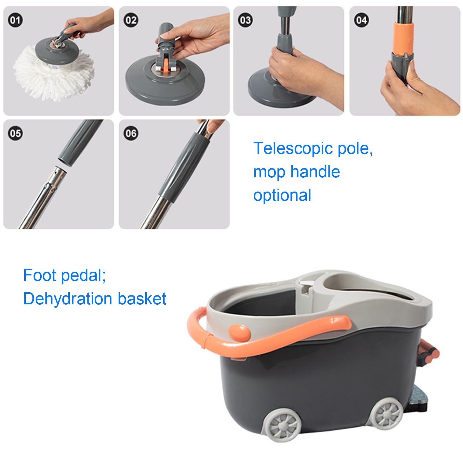 Mopa y cubo escurridor de pedales, fregona giratoria de 360° con mango telescópico, escurridor y escoba de acero inoxidable para una limpieza eficiente y fácil uso