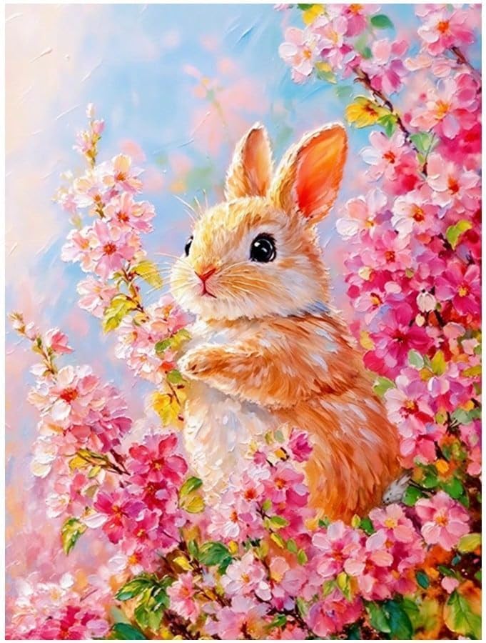 LEADINTOP ダイヤモンドアート 四角いビーズ 30x40cm 花柄ウサギ スクエアビーズ セット 初心者向け 子供 DIY 大人 手芸 キット かわいい アート装飾 プレゼント用