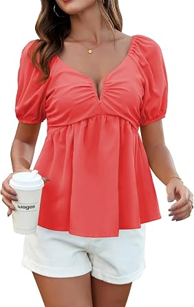 Upopby Womens Sexy Deep V Neck Tops for Women Trendy Summer Flowy Shirts Peplum Puff Short Sleeve Blouse