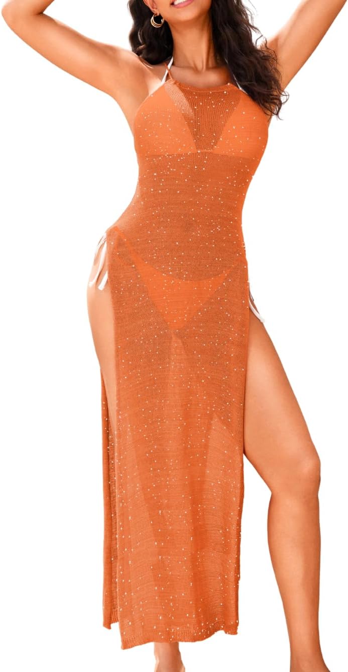 Crochet Cover Up Dress, Sexy Sheer High Slit Backless, Beach Pool Party, Knit Bikini Coverups for Women Maxi