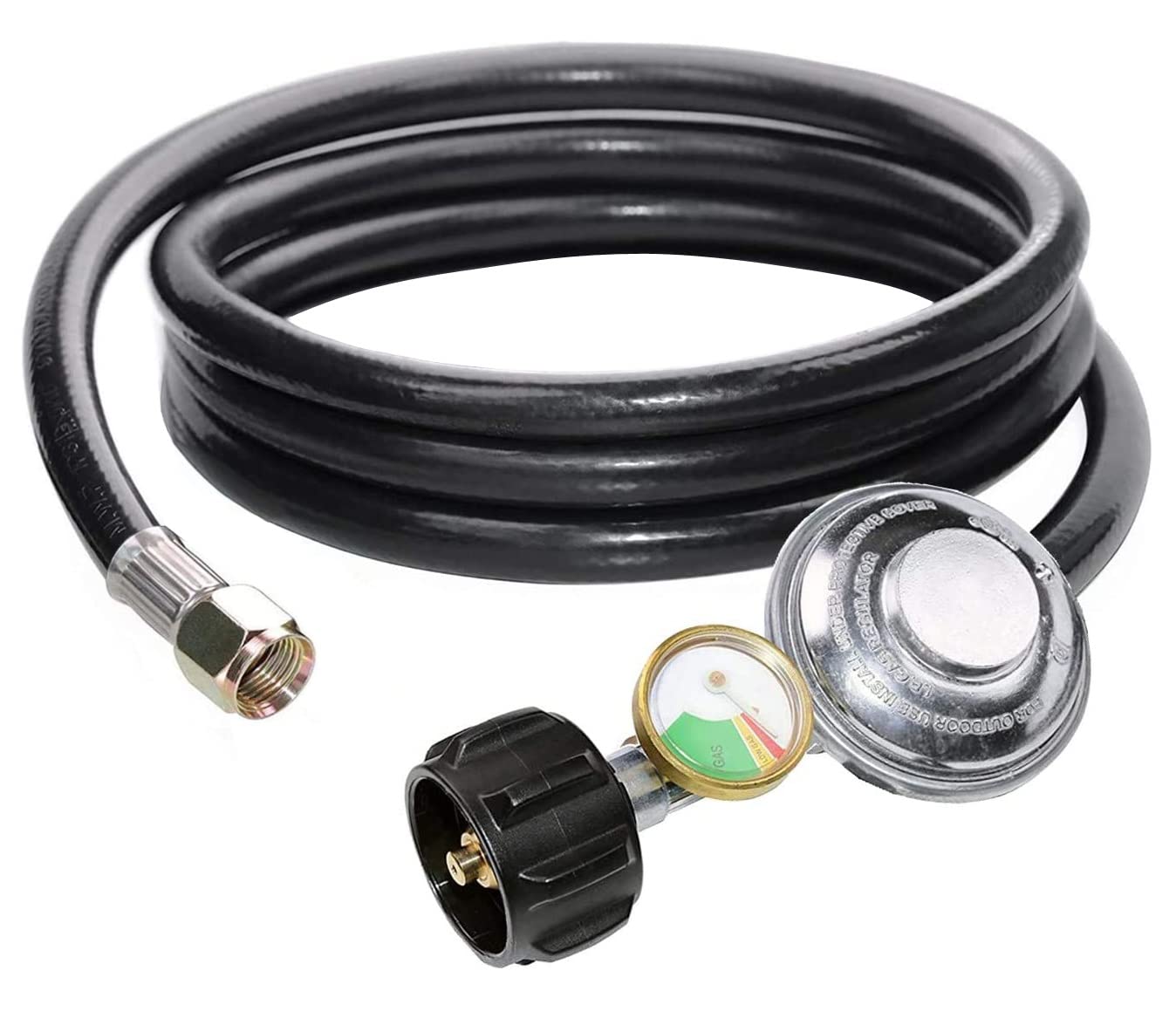 6 Feet Propane Regulator Hose with Propane Tank Gauge Universal Grill Regulator Replacement Parts, QCC1 Hose and Regulator for Most LP Gas Grill, Heater and Fire Pit Table, 3/8" Female Flare Nut
