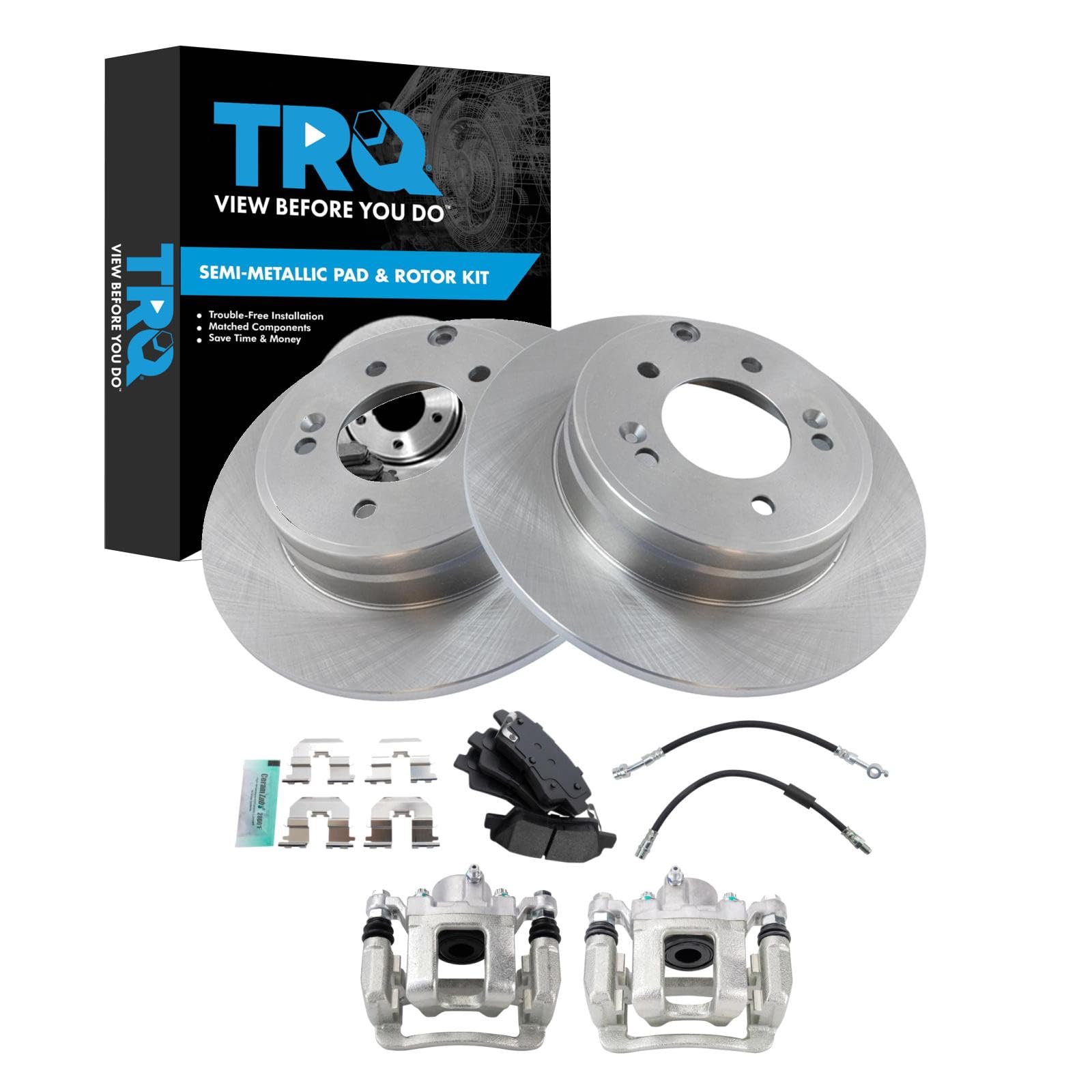 TRQ Rear Brake Pad and Rotor Set Semi Metallic Rotors Calipers Compatible with 2014 Kia Optima