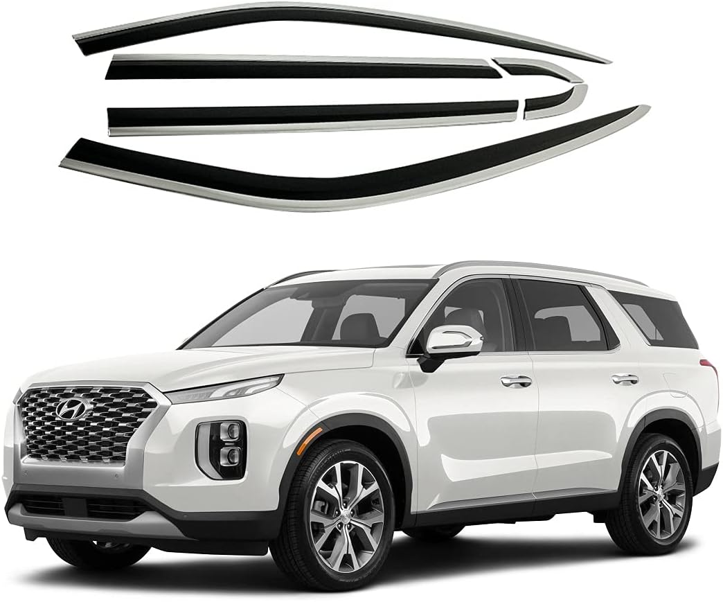 AUTOCLOVER Tape-On Rain Guards Window Visors 6 Pcs Set for Hyundai Palisade 2020 2021 2022 2023 2024 / Window Deflectors, Out-Channel Vent Shades (Chrome Line Black)