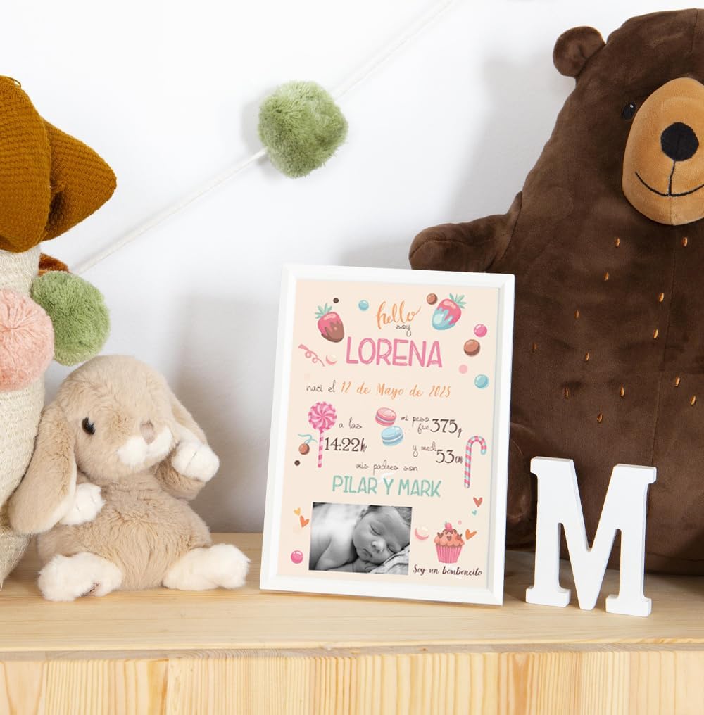 Genérico Cuadro Lámina Nacimiento Personalizada Bebé con Foto – Nombre, Fecha, Peso y Medidas – Regalo Original para Recién Nacido – Decoración Habitación Infantil - Natalicio dulces