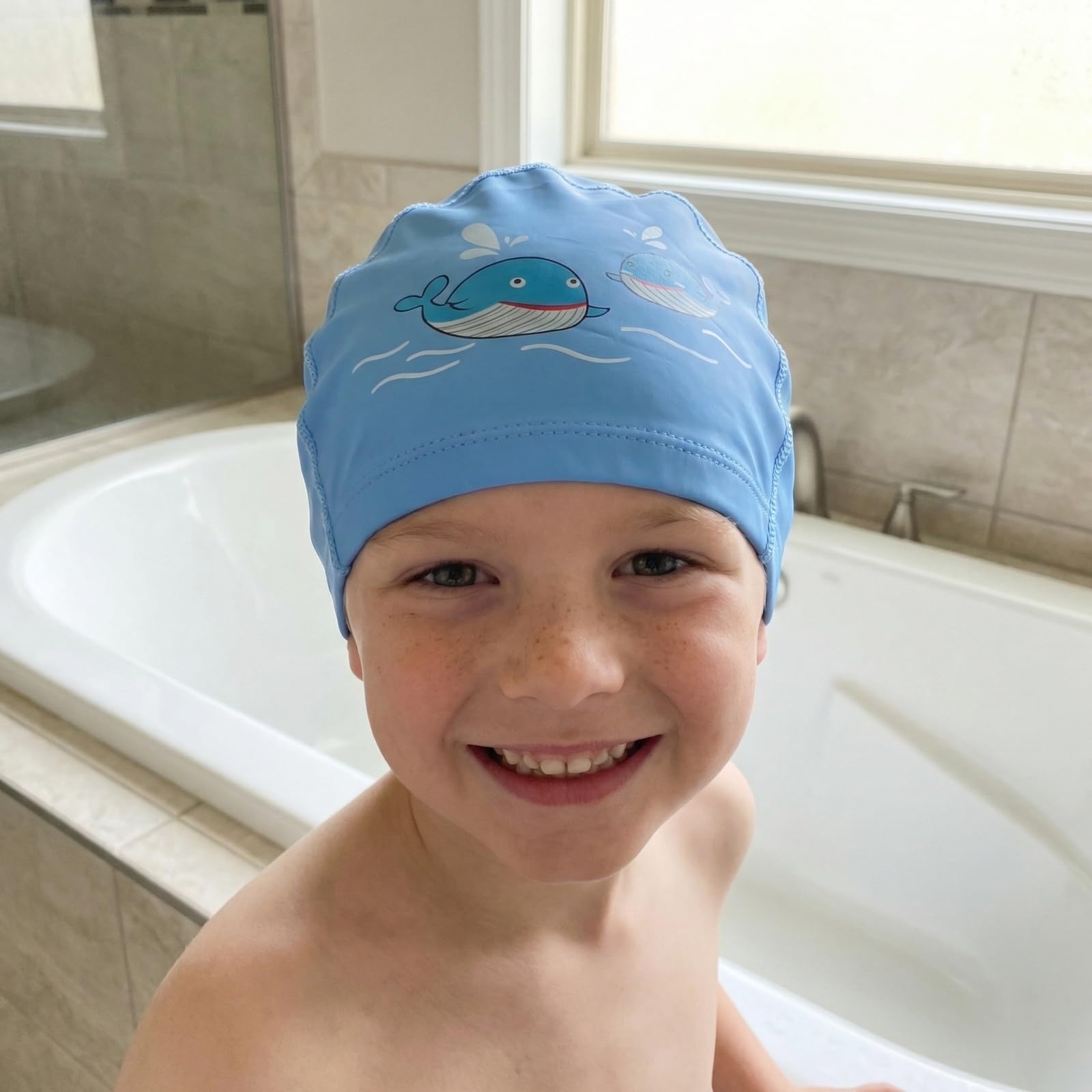 Gorro De Natación Infantil, con Revestimiento Impermeable De PU, Patrón De Pez, Azul