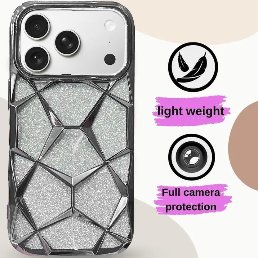 Image of VONZEE Gradient Glitter Back Cover Case Compatible with iPhone 17 Pro, Luxury Electroplated 3D Cube, Diamond Bling Shiny Soft TPU Clear Shockproof Women Girls Protective Phone Cover (Grey)